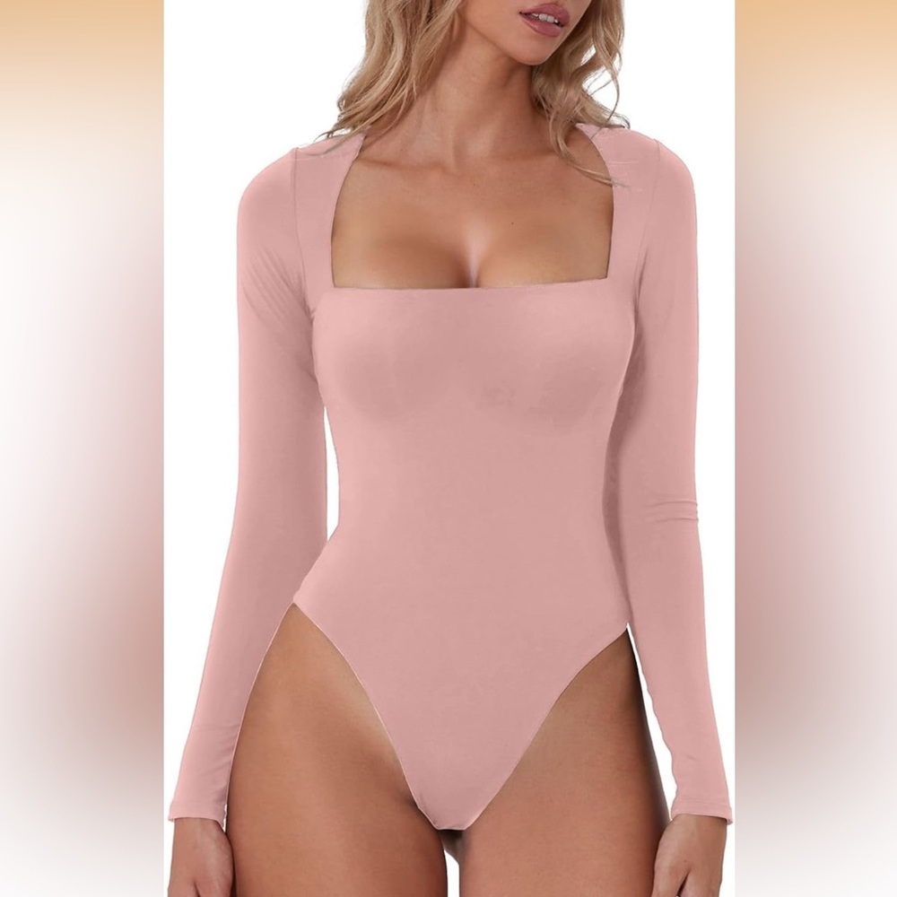 Womens Sexy Square Neck Bodysuit Long Sleeve Double Lined Shirt Tops NWT Size M